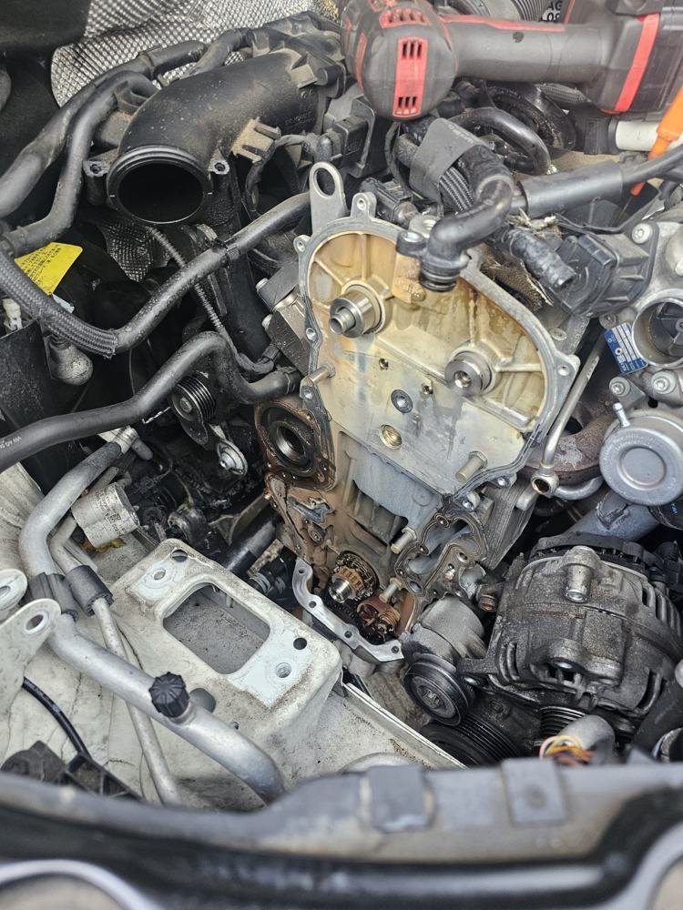 An engine with its front cover removed