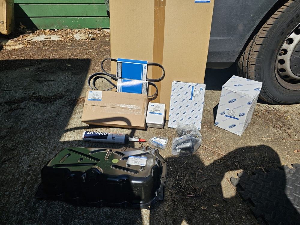 Replacement parts and a new belt kit laid out beside a car
